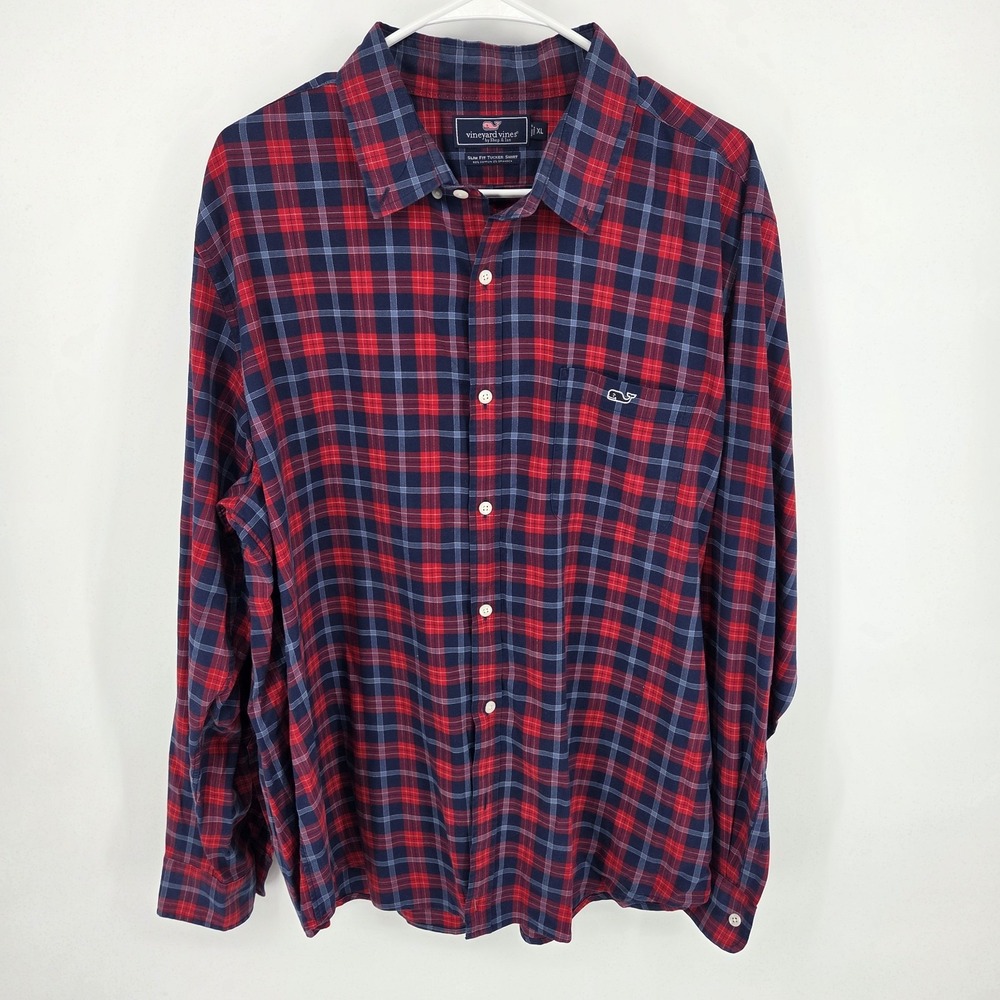 Vineyard Vines Mens XL Slim Fit Tucker Shirt Red Blue Plaid Button Down
